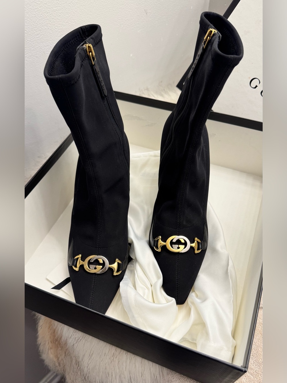 Gucci Black Stretch Sock Boots with Gold Double G Bit